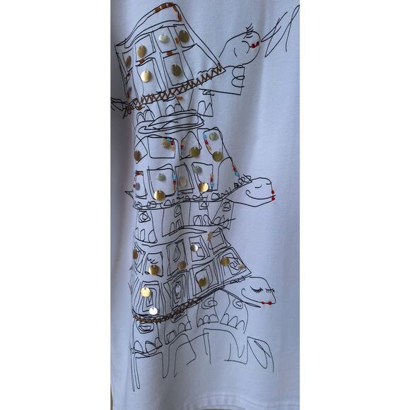 Morgan Cole Turtles and Palm Tree Sequin Beads 3/4 Sleeve White T shirt M Cotton - Picture 3 of 8